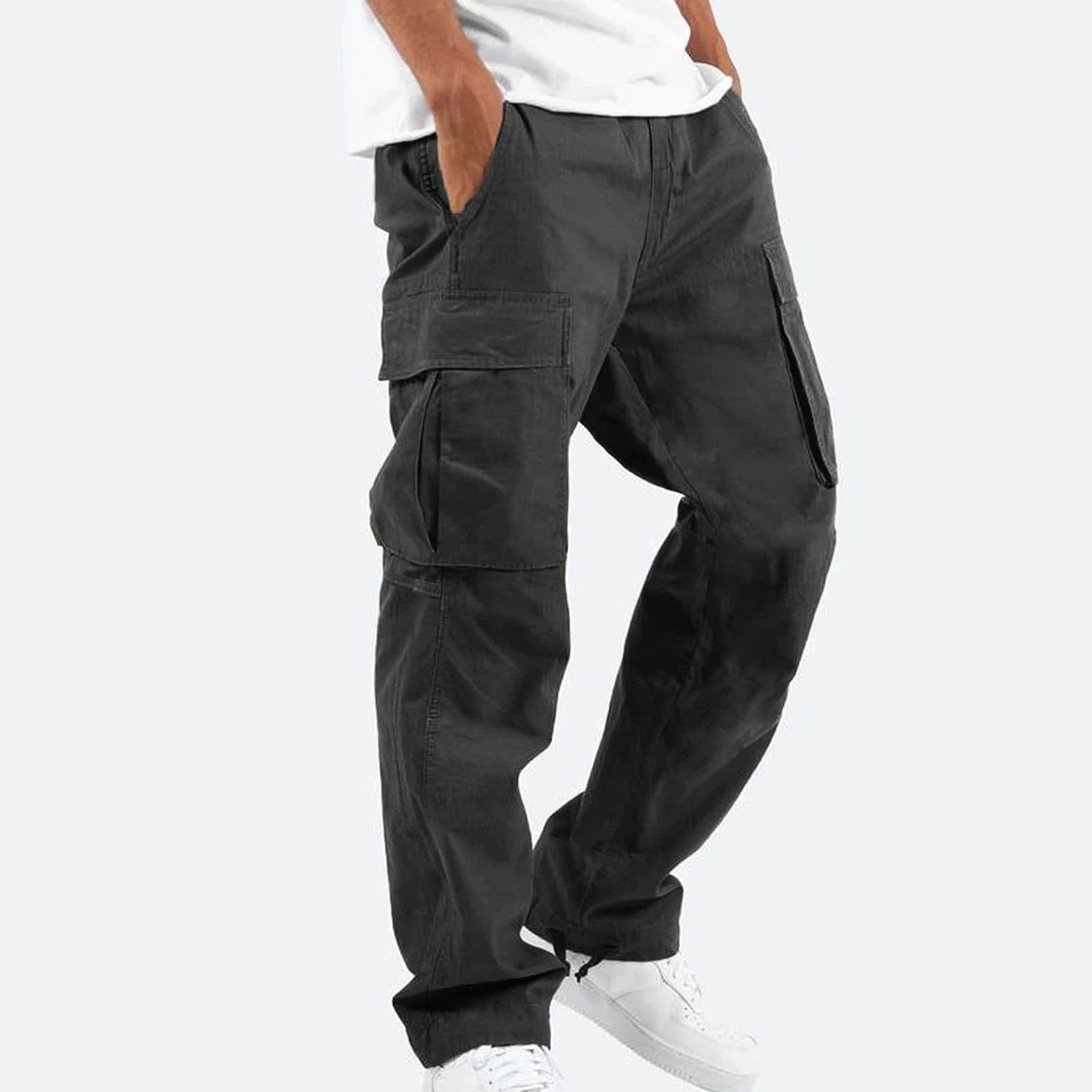 Men's black cargo pants from Eco-Thingz Shop, size M, featuring multiple pockets for tools and essentials, perfect for work.