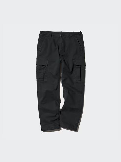 Men's black cargo pants by Eco-Thingz Shop, size M, featuring multiple pockets for tools and essentials, perfect for work.