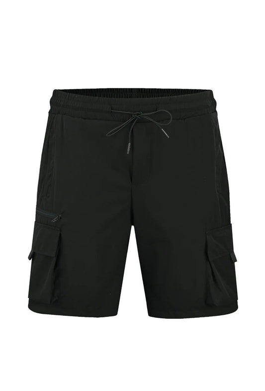 Men's black cargo shorts from Eco-Thingz Shop, available in sizes S, M, and L, featuring spacious pockets for practical st...
